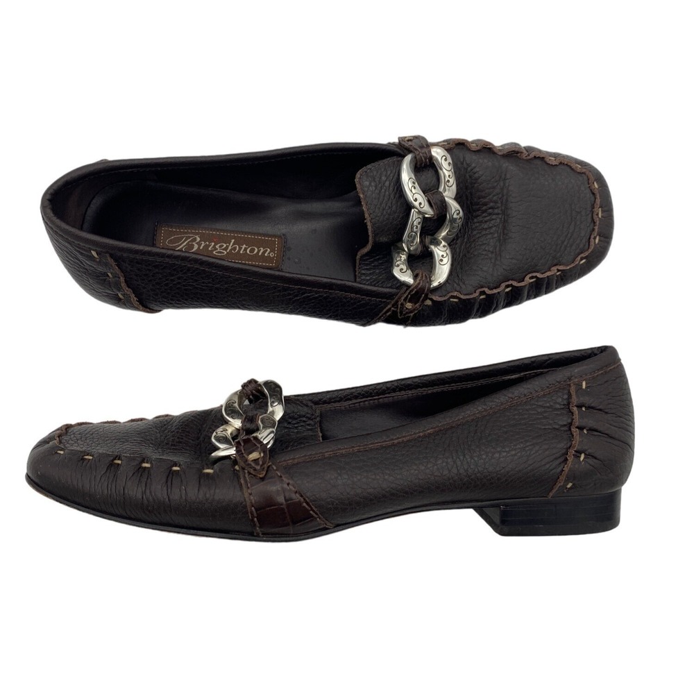 Brighton Womens Dark Academia Klee Loafers 7M Brown Leather Silver Chain Link